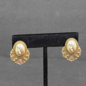 Vintage Gold Tone Pierced Earrings Painted Floral Cabochon Pink Rhinestones MCM
